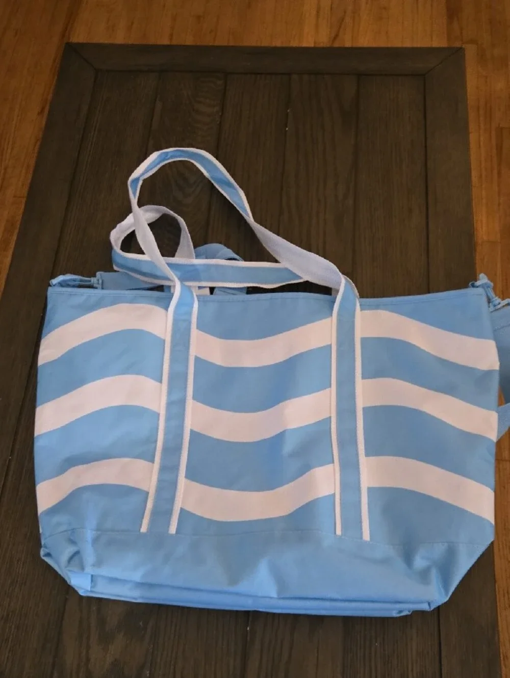 Striped Blue and White Beach Tote with Adjustable Strap, NWT.